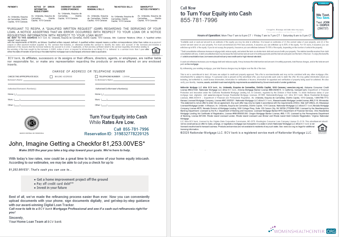 Venezuela Banco Central de Venezuela bank mortgage loan statement in Word and PDF formats , 4 pages 3 4